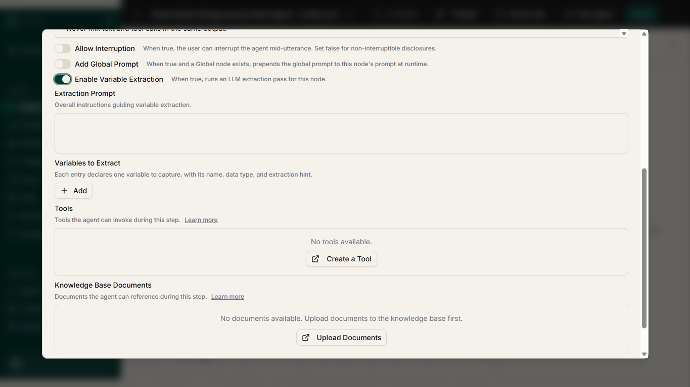 The CallMangal node editor with Enable Variable Extraction switched on, plus the Tools and Knowledge Base Documents sections for that step